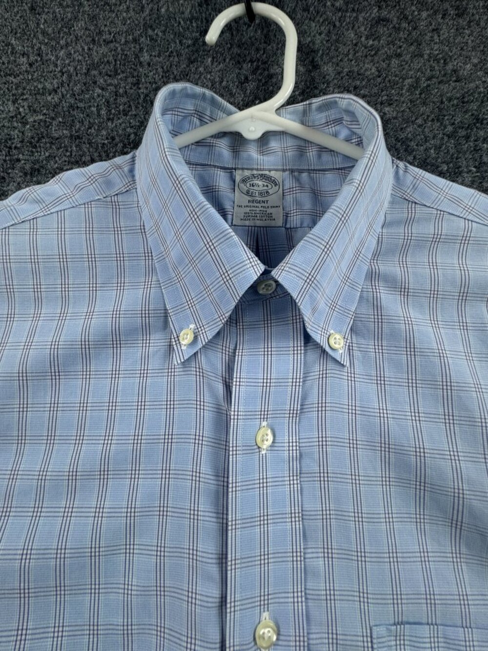 Brooks Brothers Men Cotton Supima Check Non-Iron Regent 16.5 34 Button-Down Blue